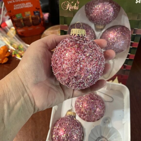 Vintage Christmas By Krebs Round Pink Embellished Glass Ornaments - Set of 8 - Picture 2 of 5